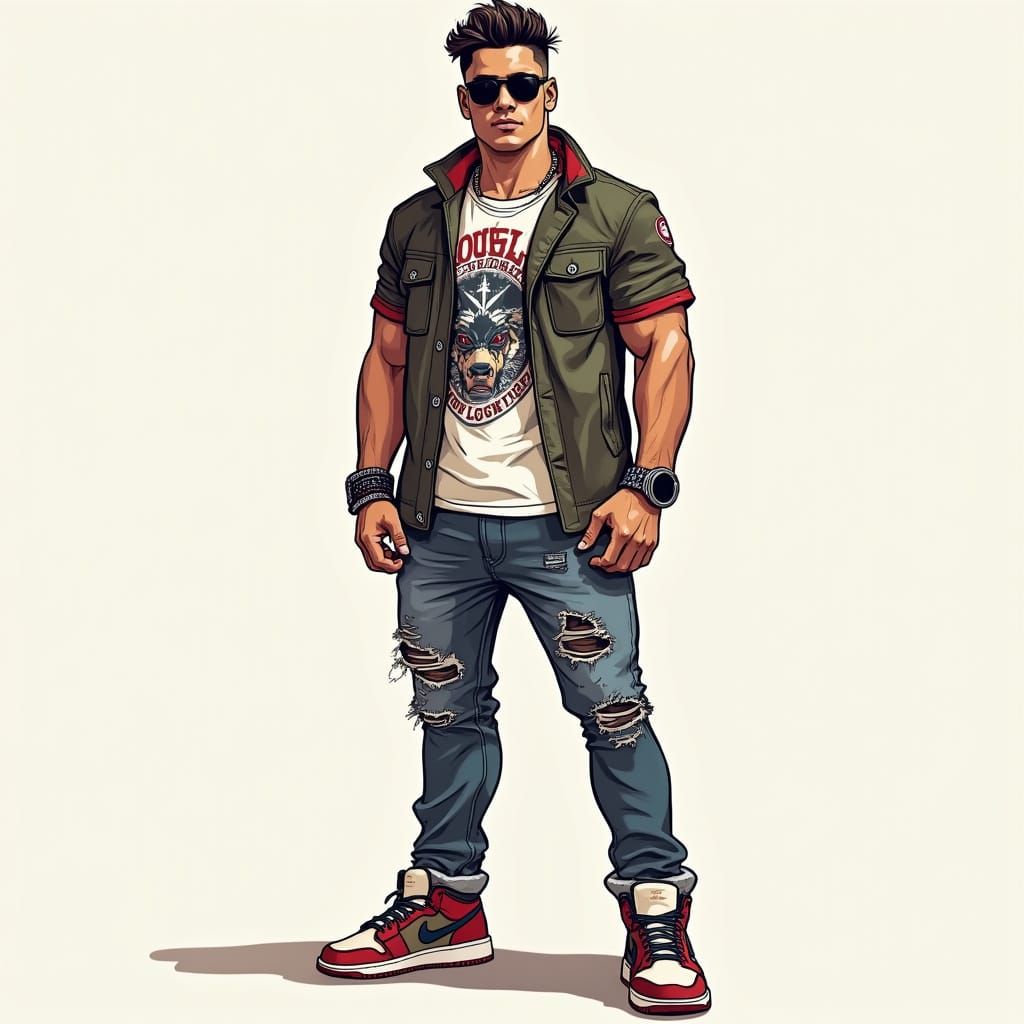 Muscular Man in Streetwear: Urban High-Fashion Art