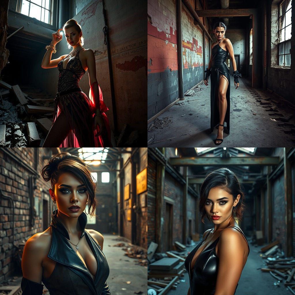 Elegant Model in Industrial Decay, Illuminated by Flash