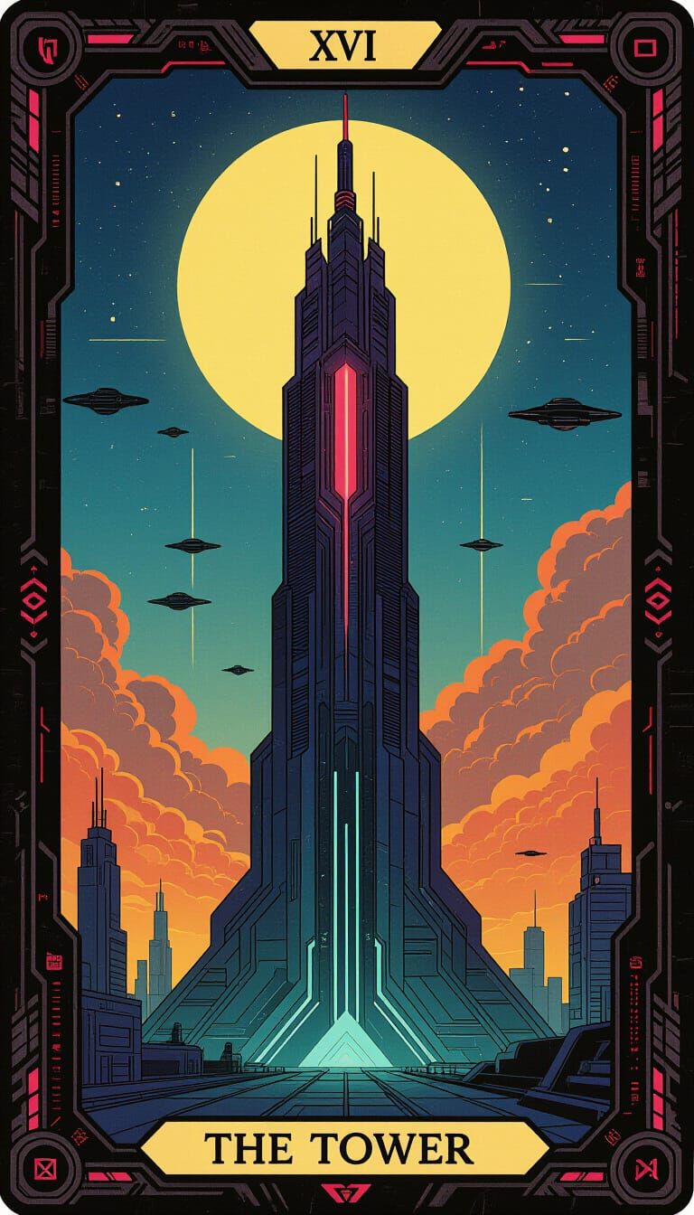 Futuristic Tarot Card: The Tower in Cyberpunk Style