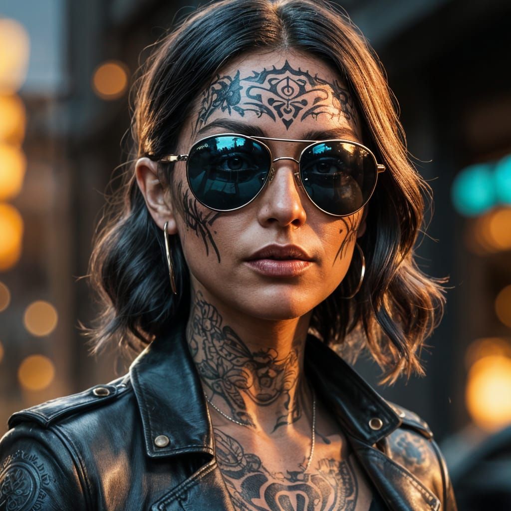 Tattooed Amazon Warrior in Black Leather