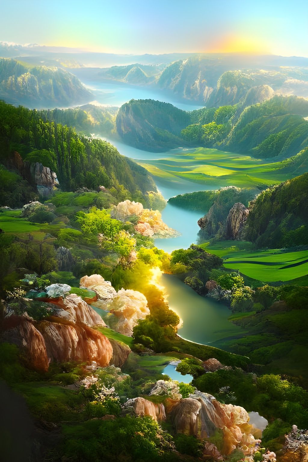 Lush Canyon Vista with Golden Light, Digital Art