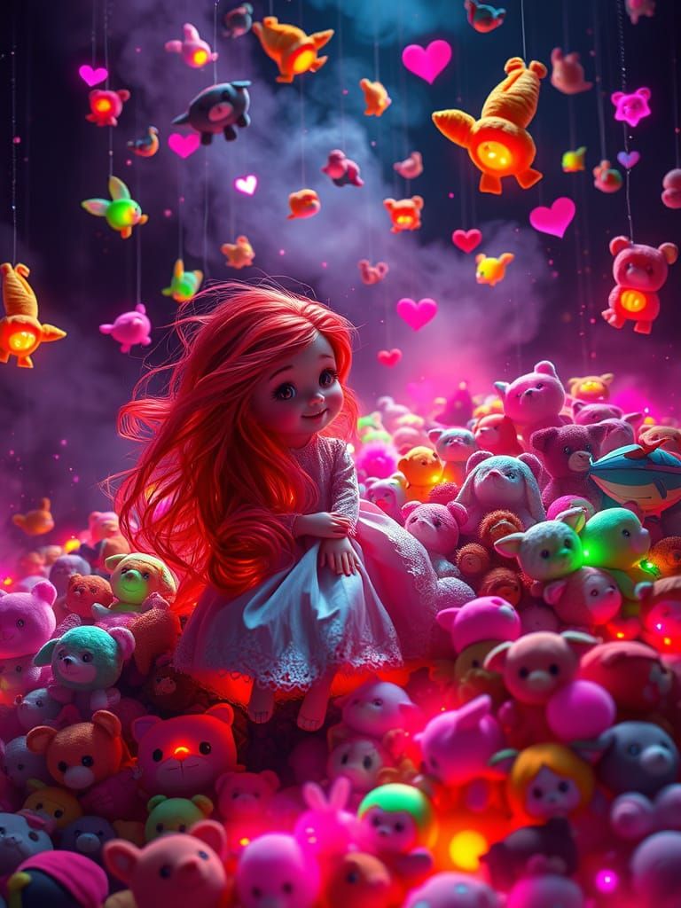 Neon Plushie Girl in Dreamlike Chibi Art