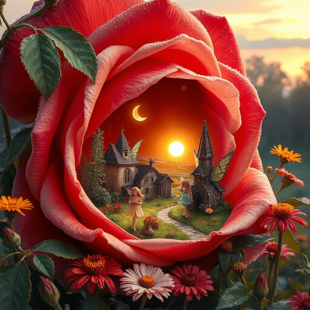 Fairy Village Inside Rose in Gouache Style
