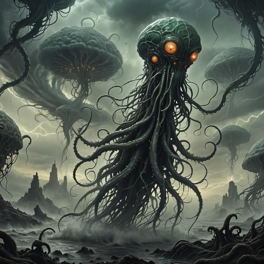Lovecraftian Flying Polyp in Stormy Alien Sky