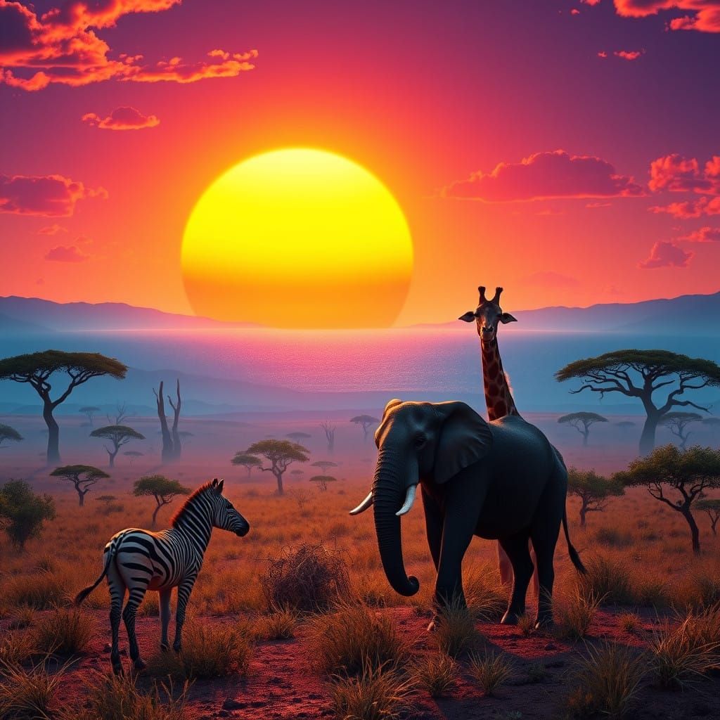 Savannah Sunset with Majestic Wildlife in Vibrant Colors