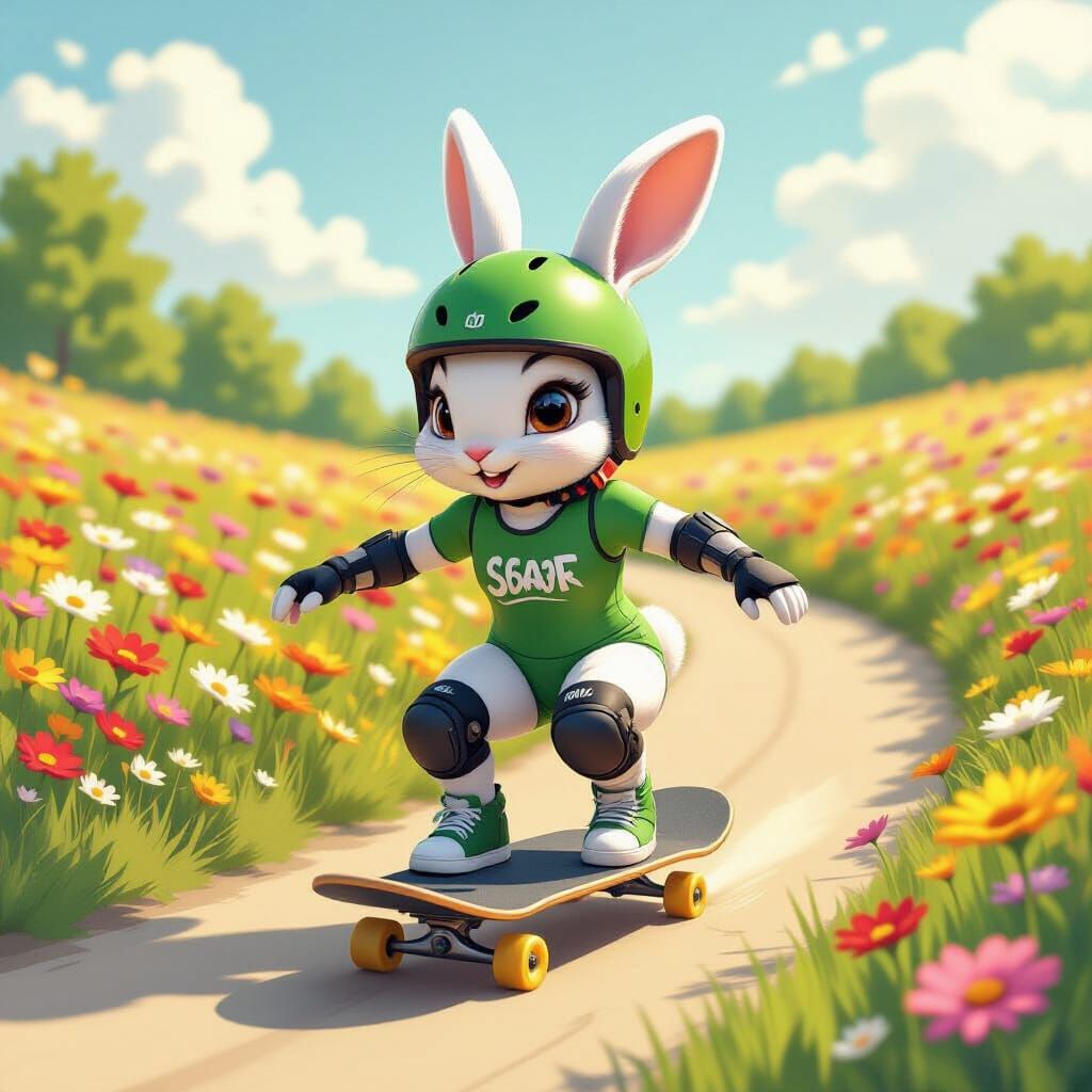 Skateboarding Rabbit in Whimsical Flower Field