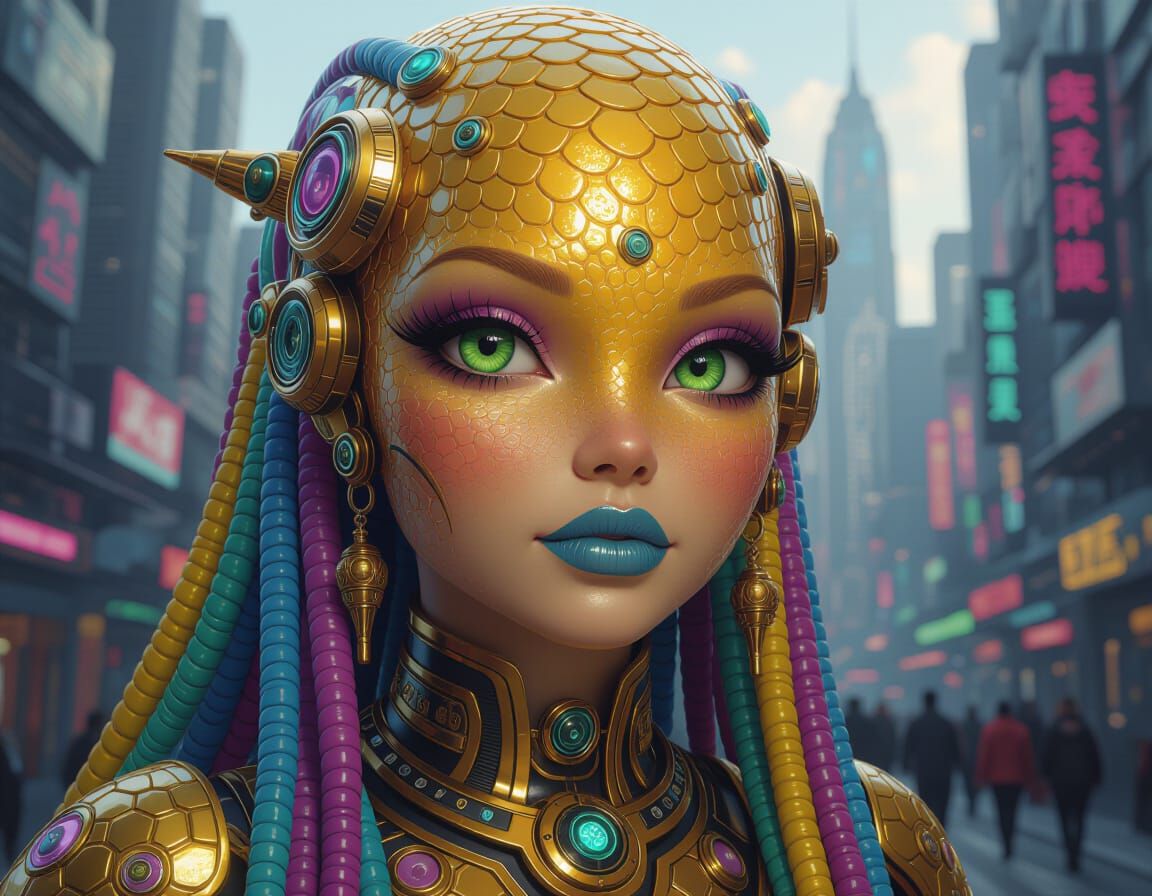 Golden Alien Woman in Synthwave Cityscape