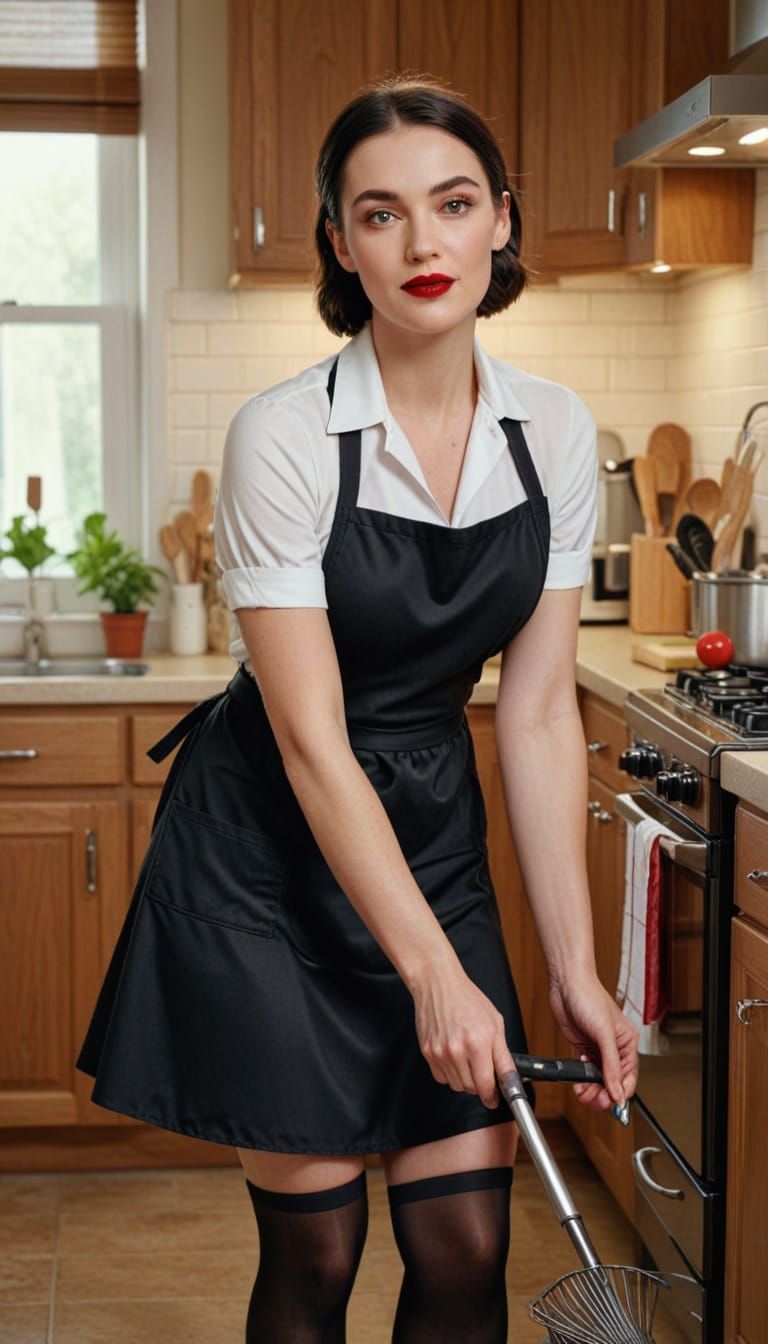 Hyperrealistic Portrait of Woman Cleaning in Apron