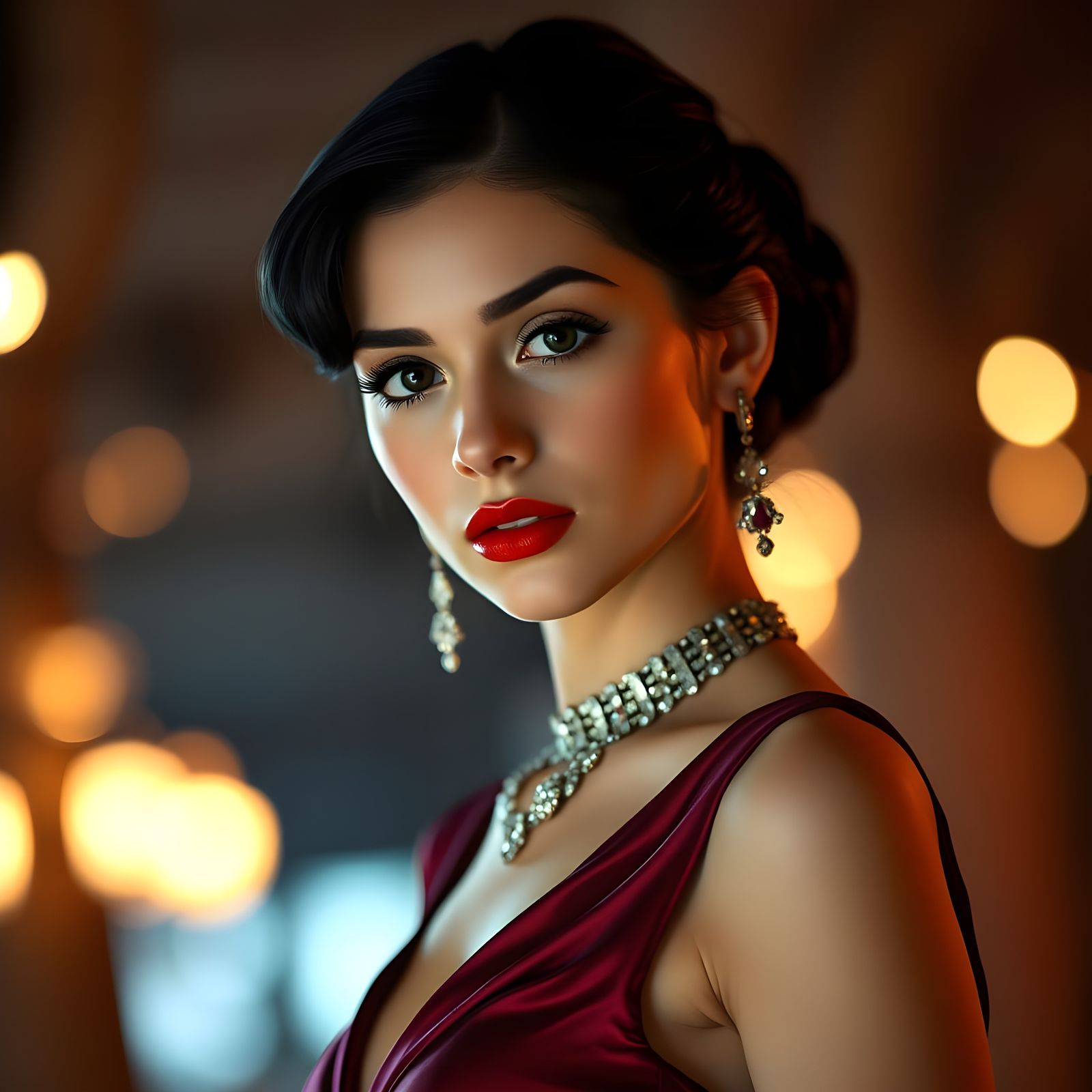 Elegant Woman with Red Lipstick in Mucha Style