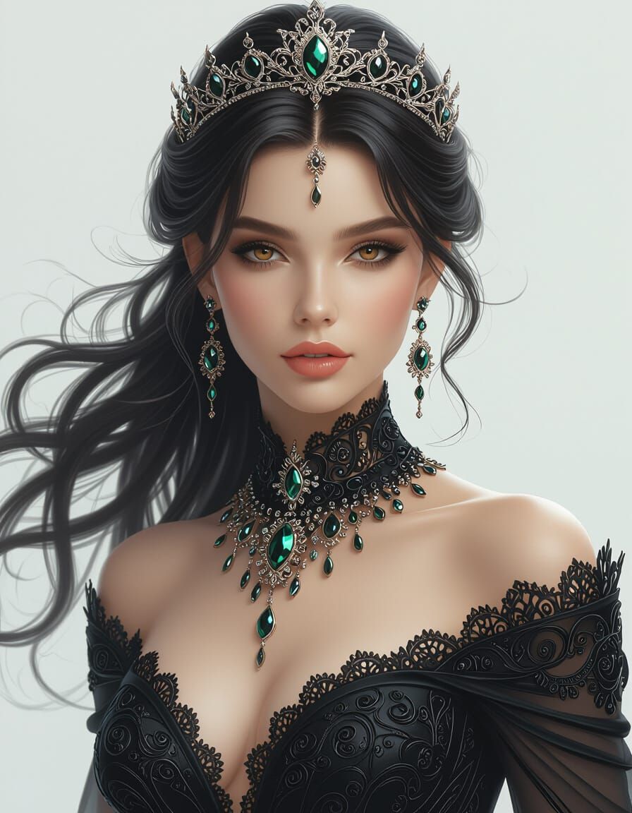 Woman in Intricate Black Dress with Futuristic Jewelry