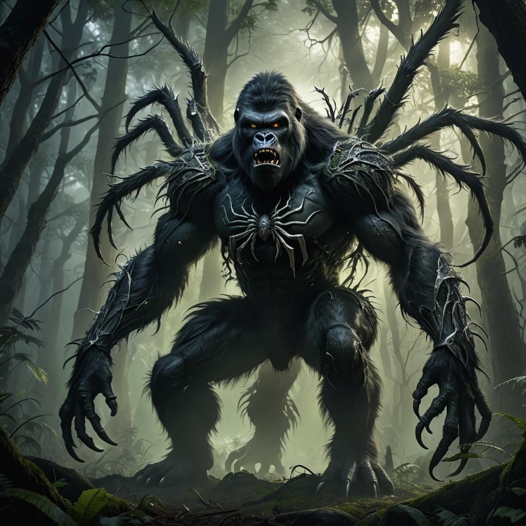 Ethereal Gorilla-Spider Hybrid in Misty Forest