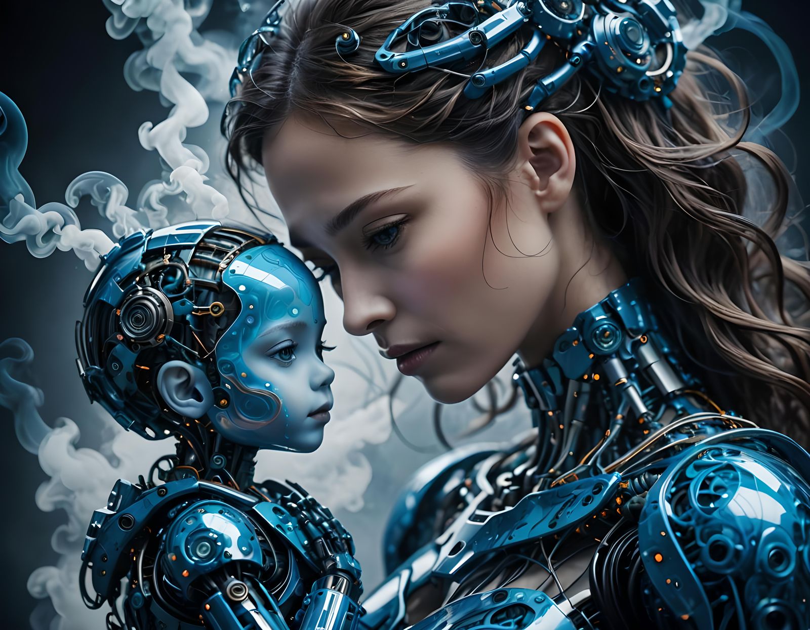 Robotic AI Mother and Daughter in Translucent Smoke