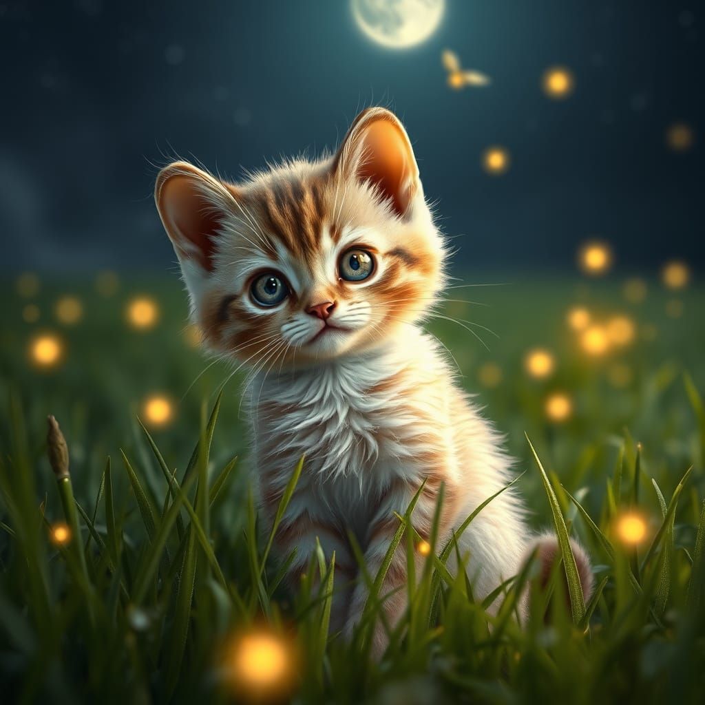 Hyper-Realistic Kitten in Enchanted Moonlit Field