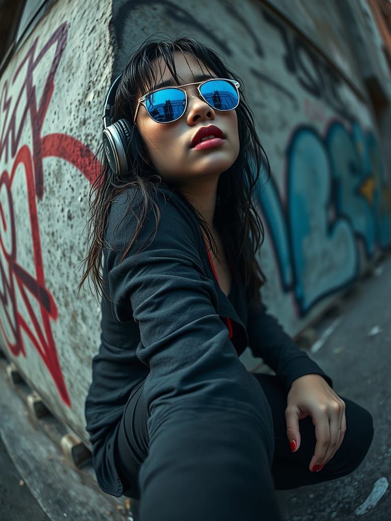 Moody Portrait of a Young Woman in Dark Graffiti Alley