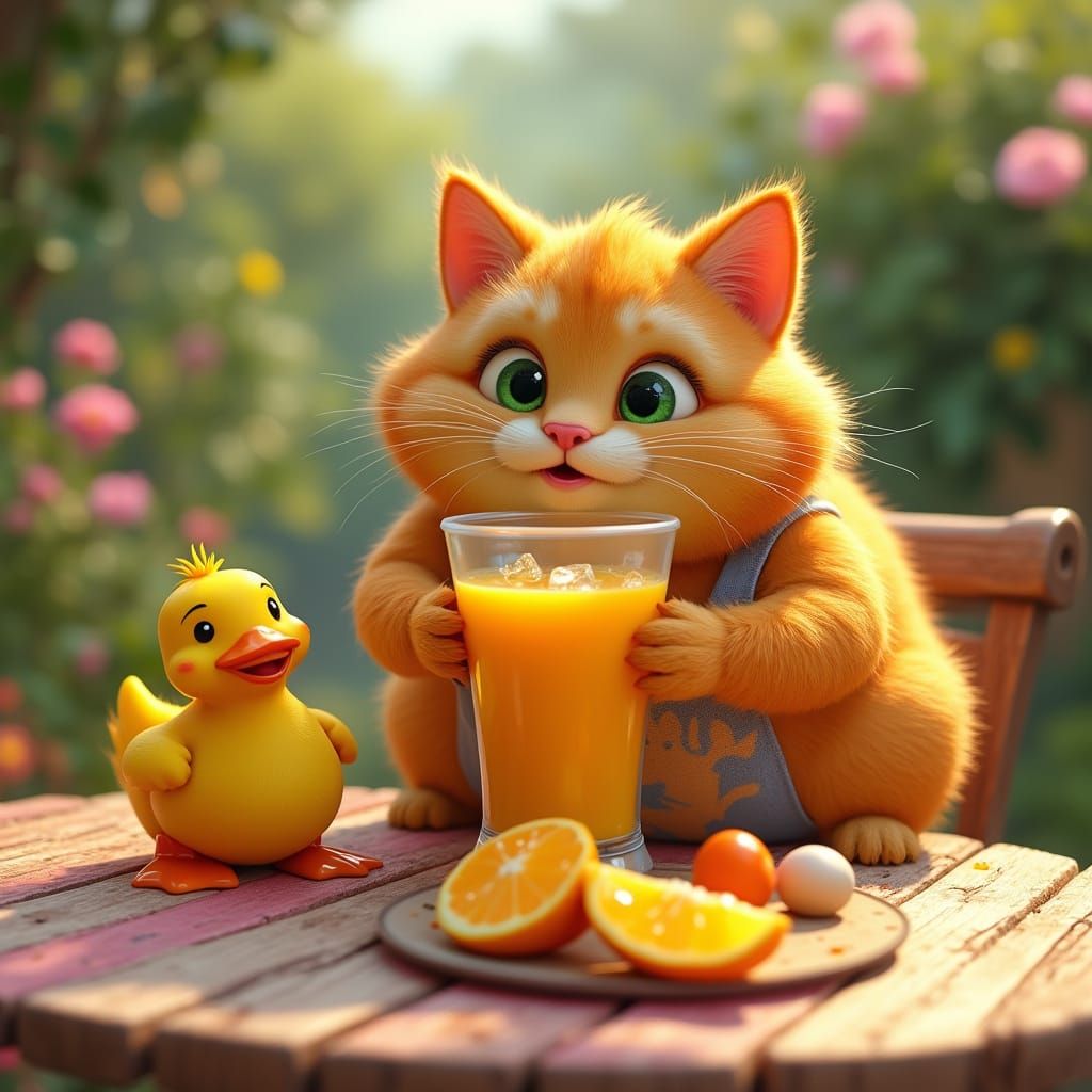 Vibrant Orange Cat Sips Juice with Duck in Sunny Garden, Pix...