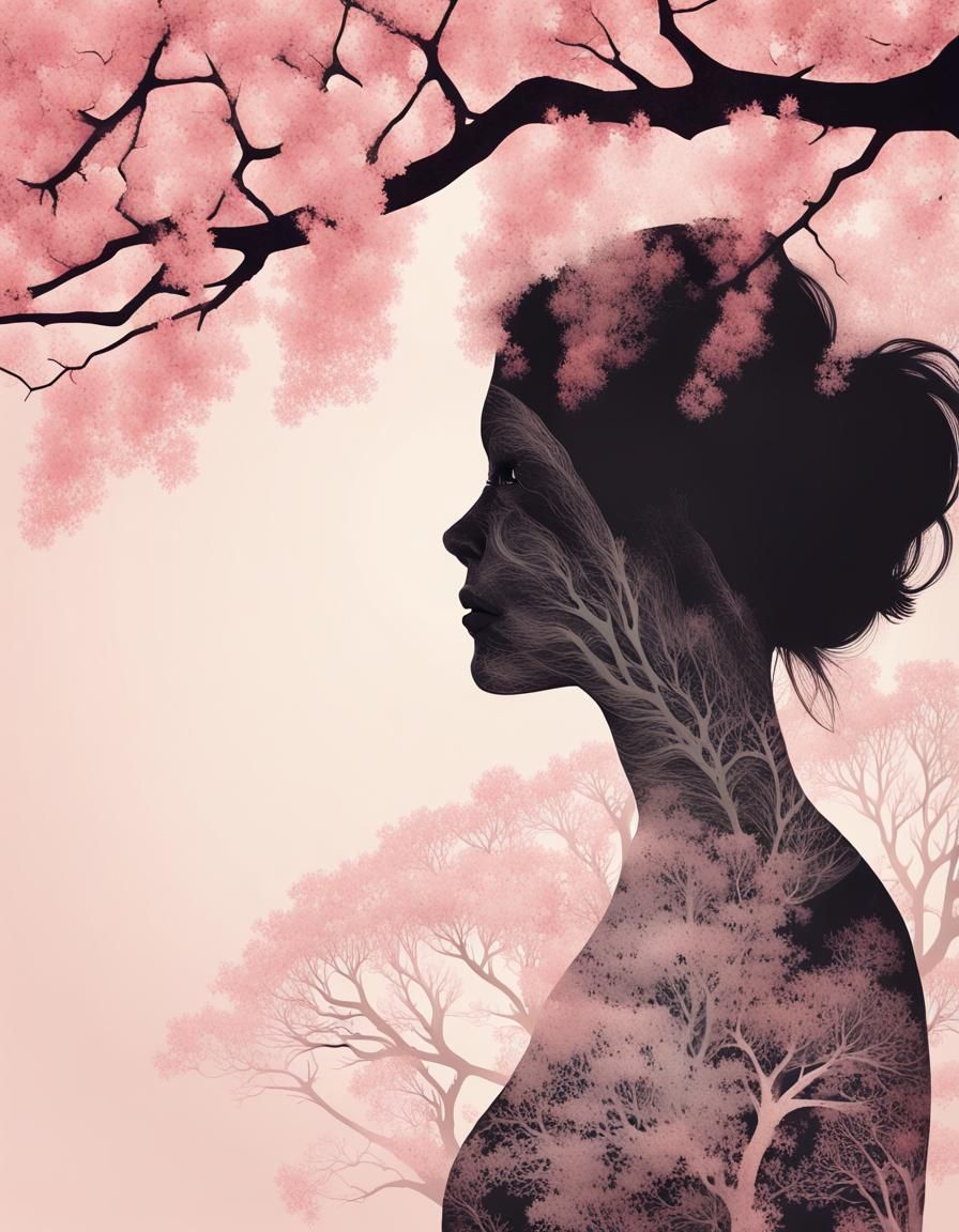 Sakura Silhouette in Double Exposure Photoillustration