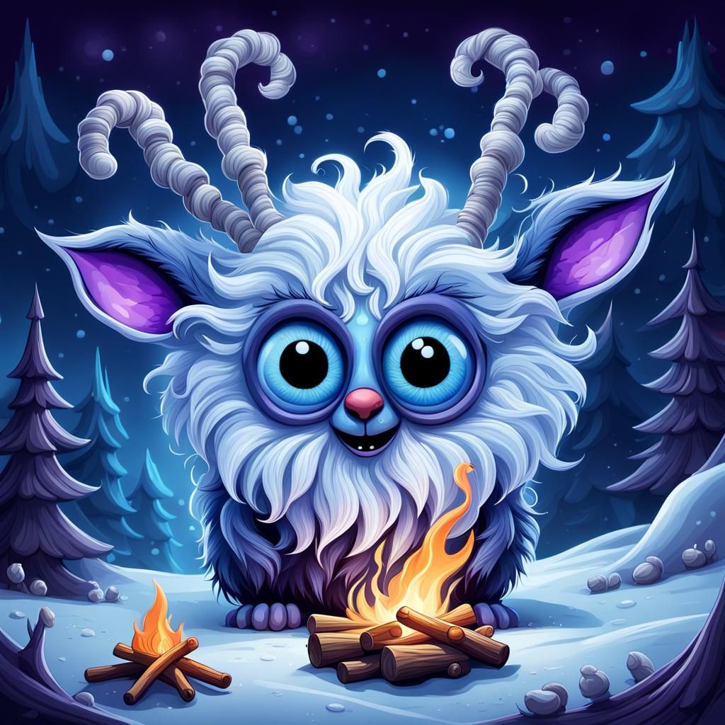 Whimsical Wooly Creature and Elf Toasting Marshmallows