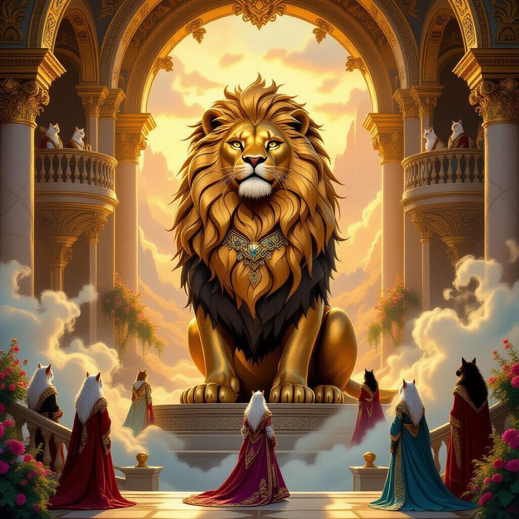 Majestic Cat Kingdom with Golden Lion Statue
