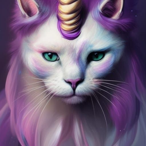 Detailed Purple Unicorn Cat Portrait in Art Nouveau Style