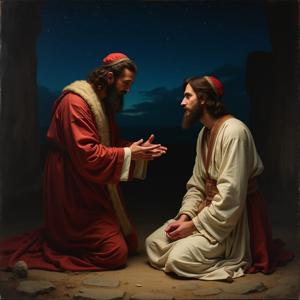 Pharisee Nicodemus kneels before Jesus under Starry Night Sk...