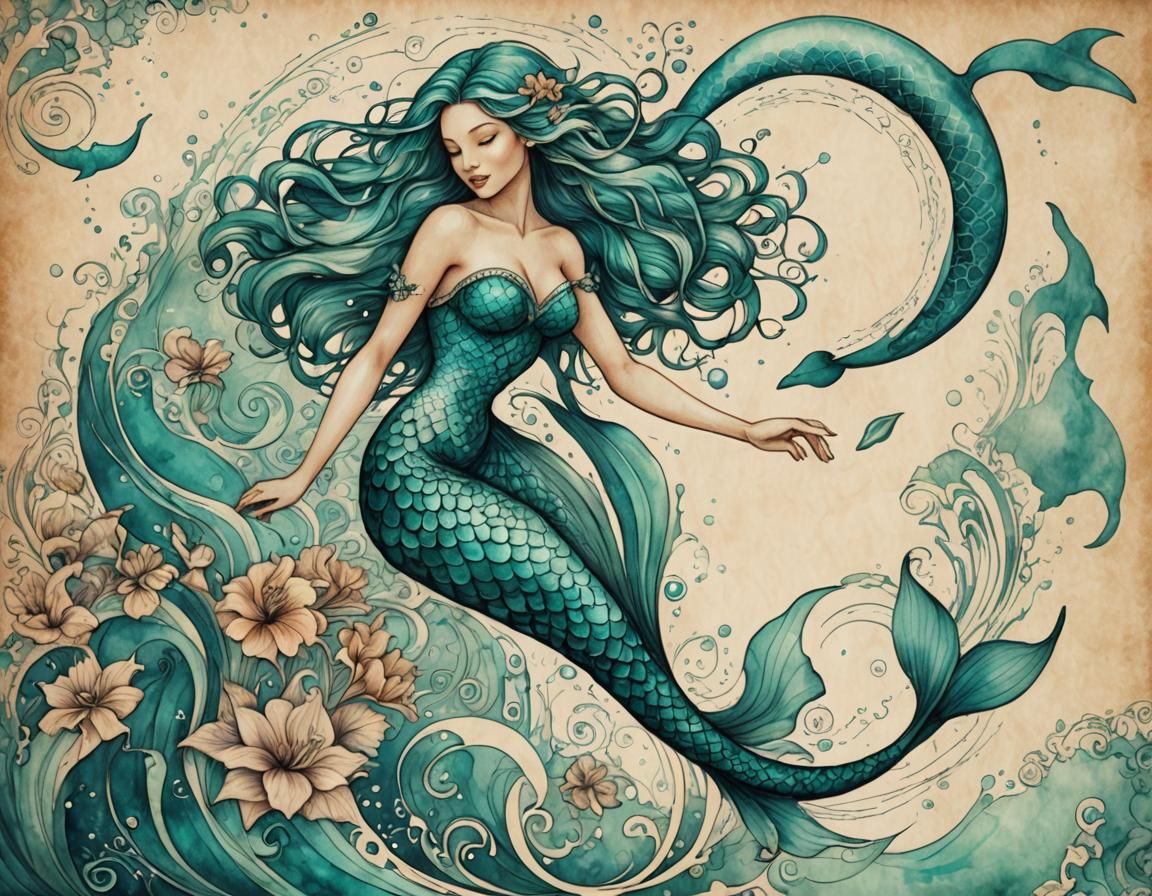 Teal Mermaid and Dolphin on Vintage Parchment