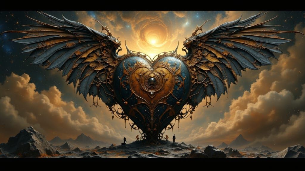 Winged Wooden Heart Amidst Nebulae, Detailed Sci-Fi Art