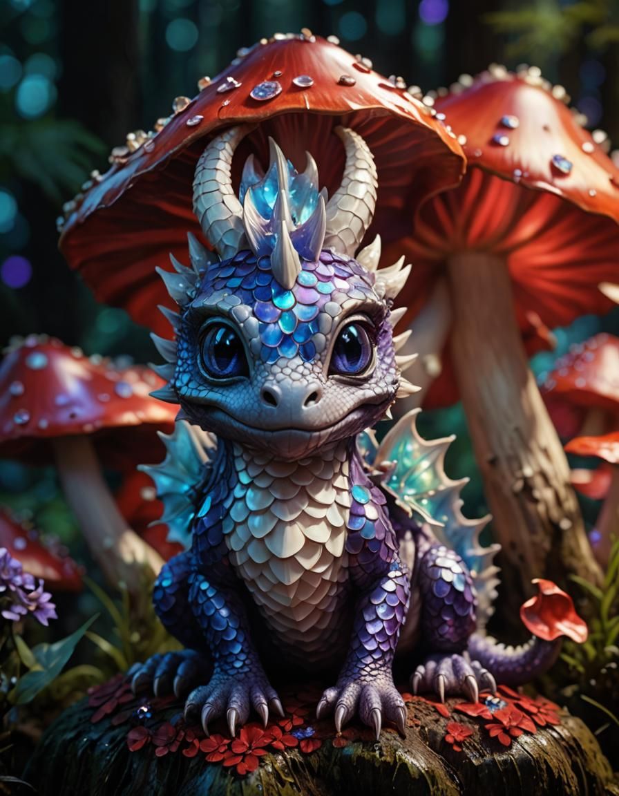 Whimsical Baby Dragon on Bioluminescent Mushroom