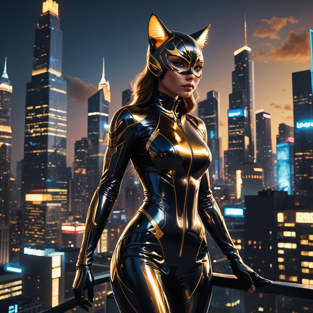 Olivia in Catsuit on Skyscraper as Digital Art