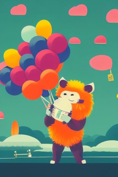 Adorable Kawaii Monster with Balloons in Japanese Style