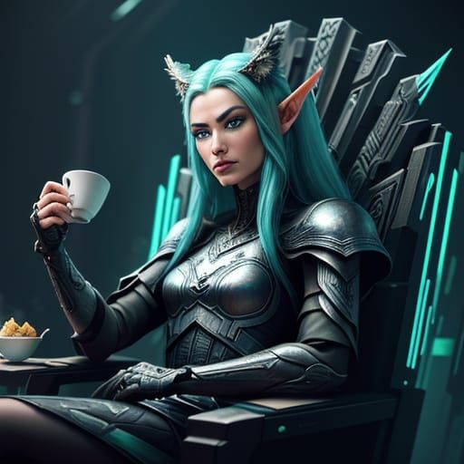 Elven Queen and Wolf Sipping Tea in Cyberpunk Style