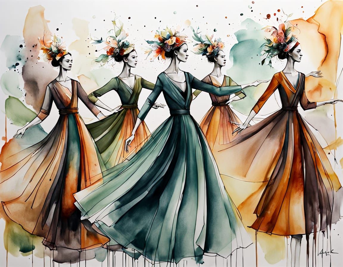 Bohemian Dancers in Forest Glade, Abstract Style