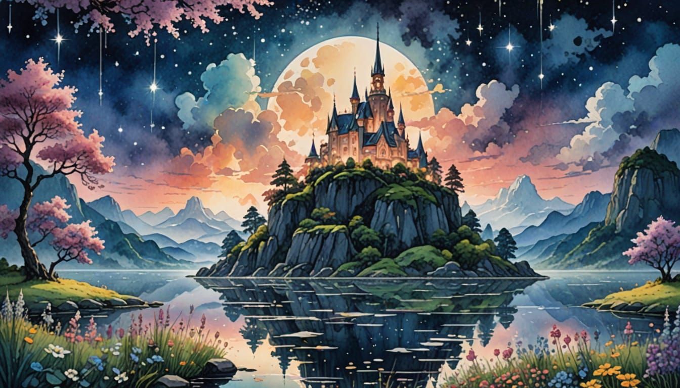 Dreamy Watercolor Fantasy of a Floating Island Paradise