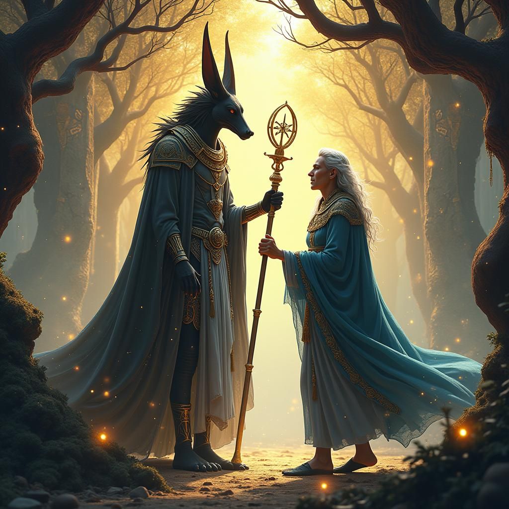 Anubis Greets Merlin in Mystical Realm: Fantasy Art