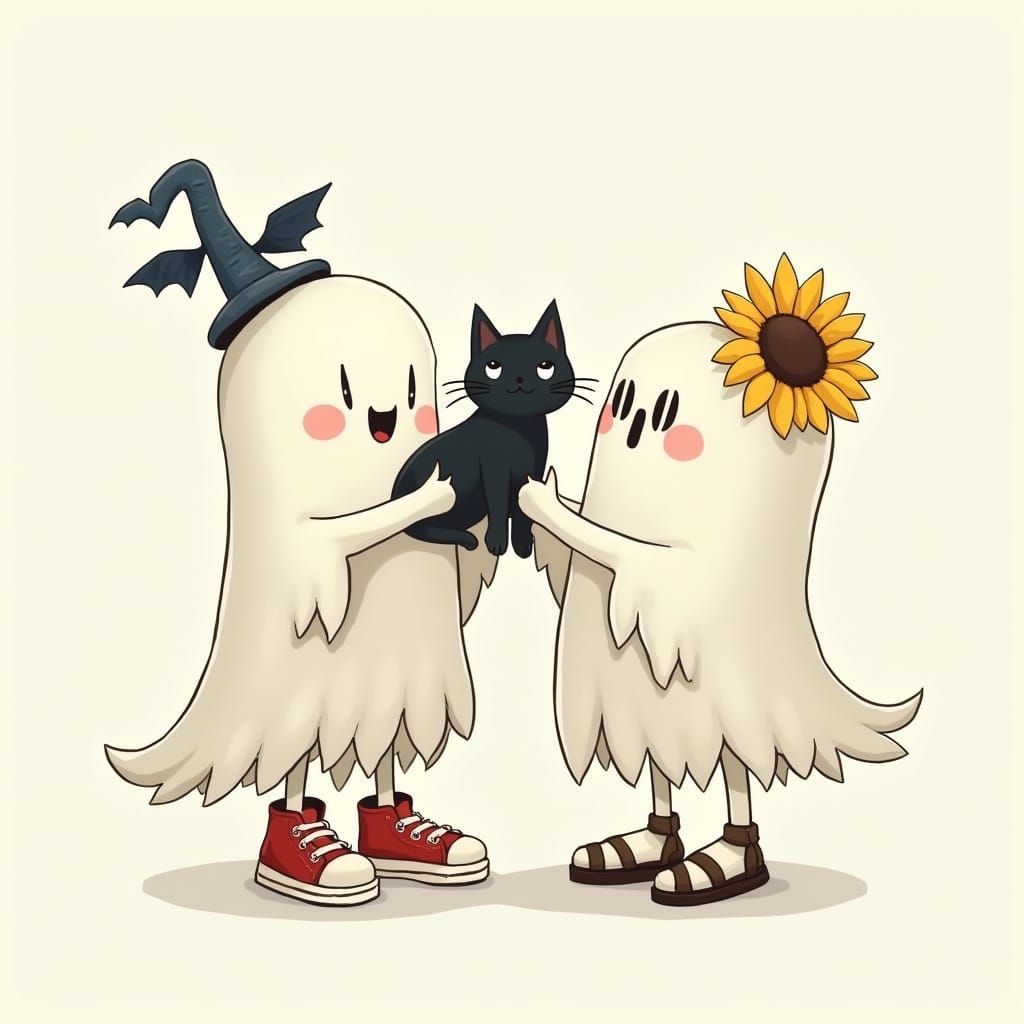 Whimsical Ghosts with Cat, Sunflower, and Sandals