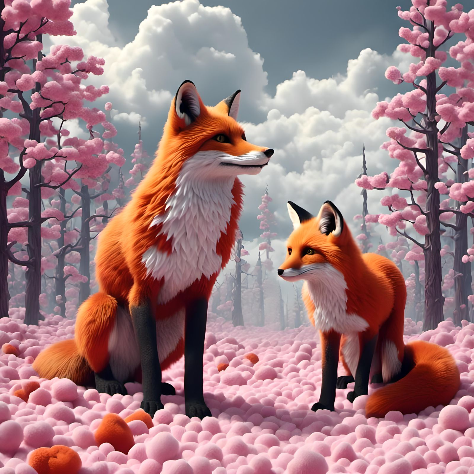 Candy-Land Foxes in Cloudy Forest
