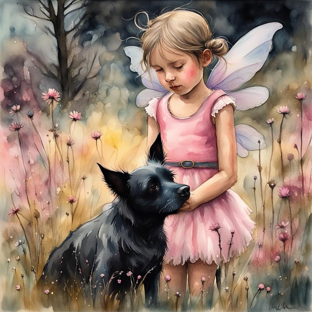 Fairy Girl and Dog in Watercolor Meadow