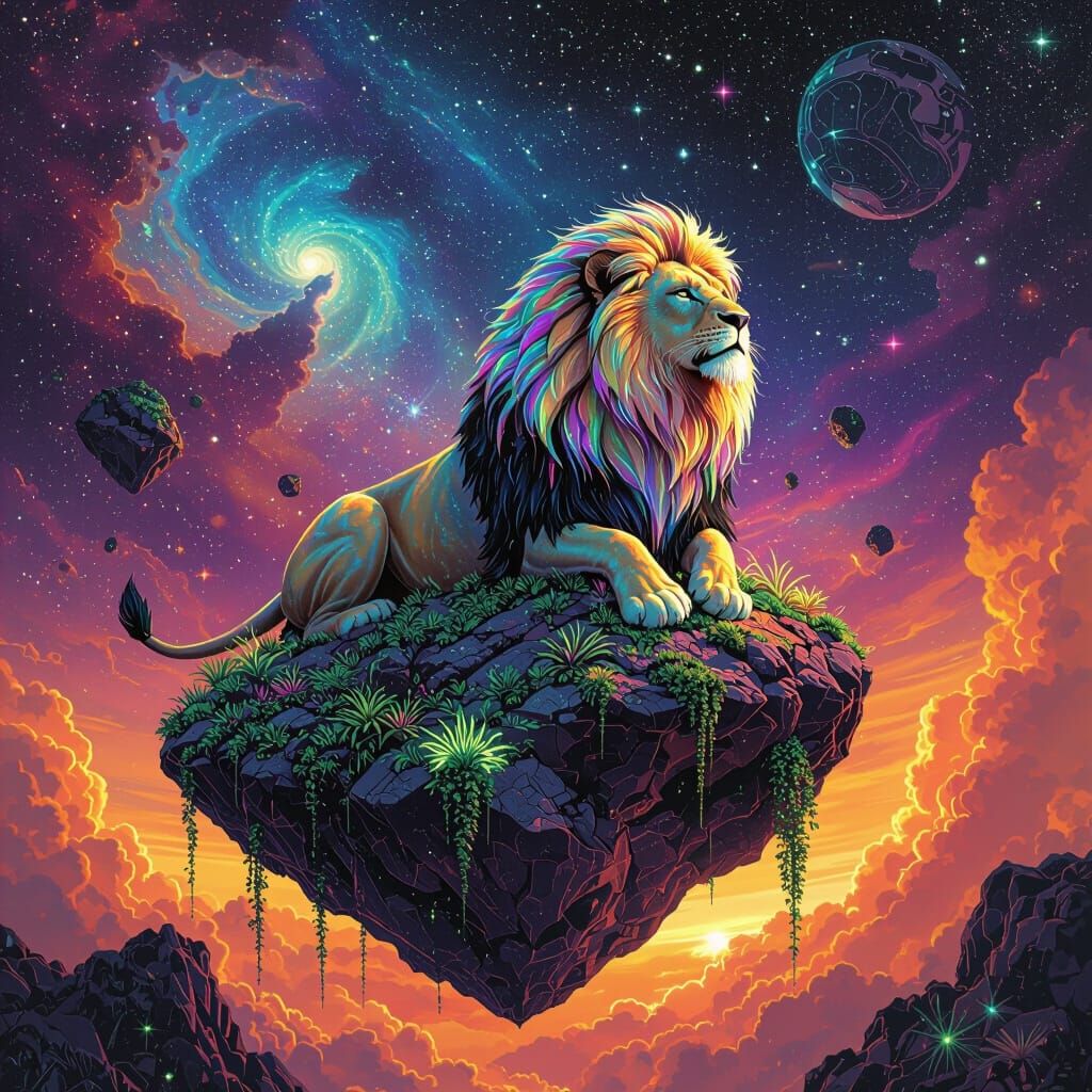 Celestial Lion Surveys Cosmic Domain in Biomechanical Style