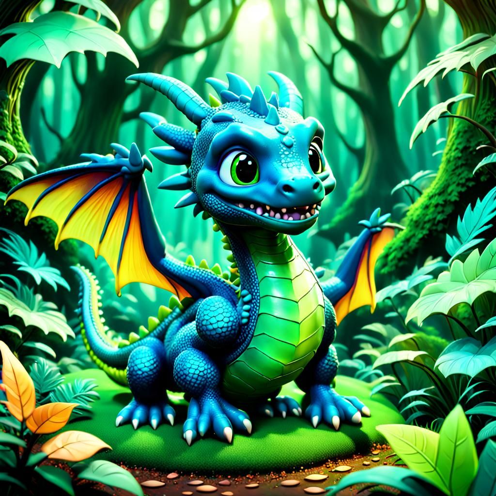 Cute Baby Glass Dragon in Mythical Forest