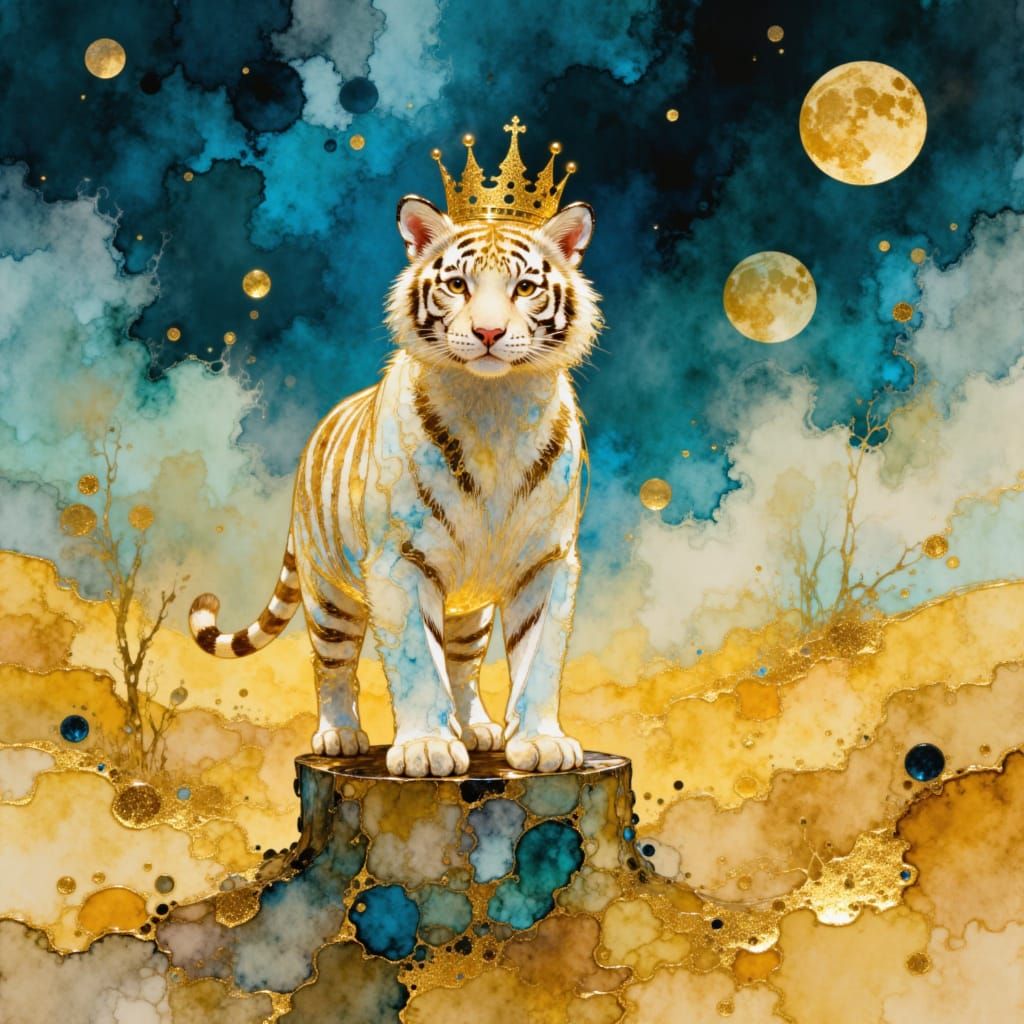 White Tiger with Crown in Surreal Desert Dreamscape