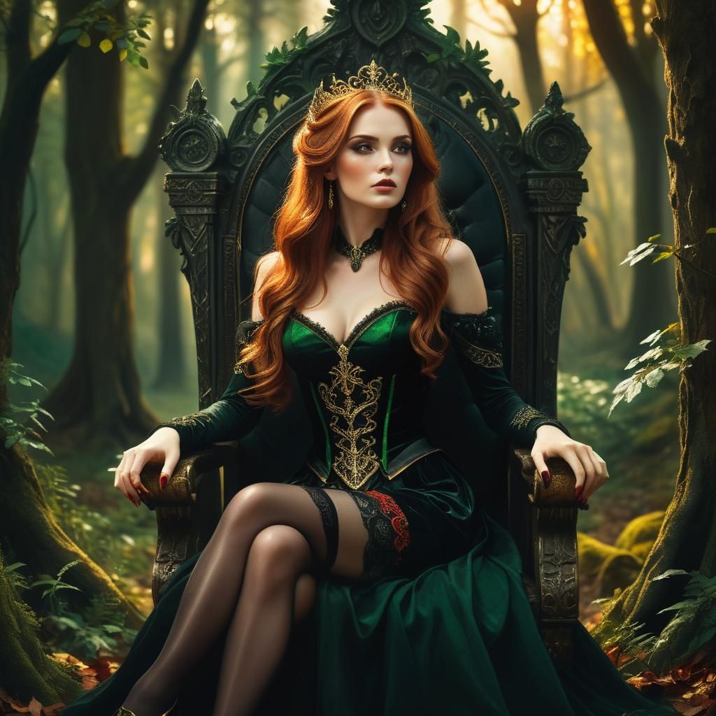 Auburn Haired Lady on Throne in Mystical Forest