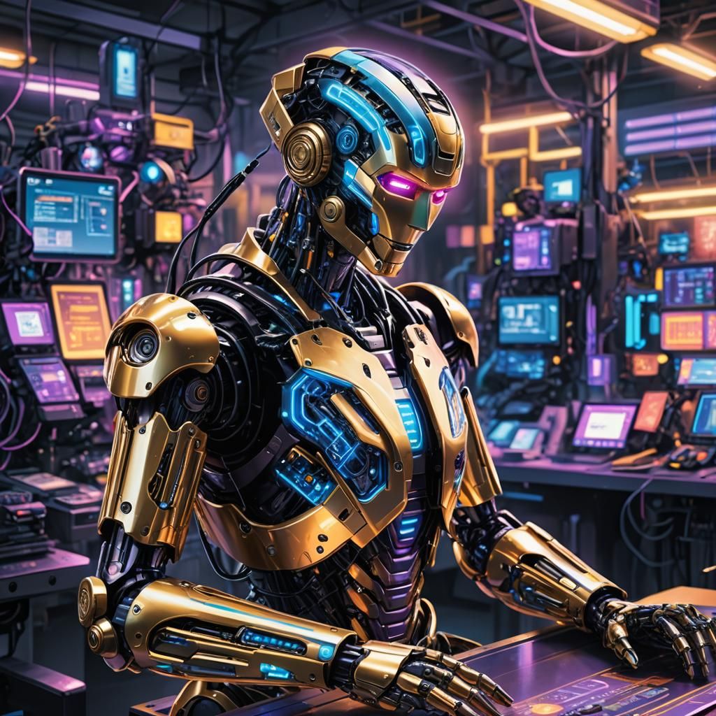 Robot Generates Barcodes in a Neon Factory, Rutkowski Style