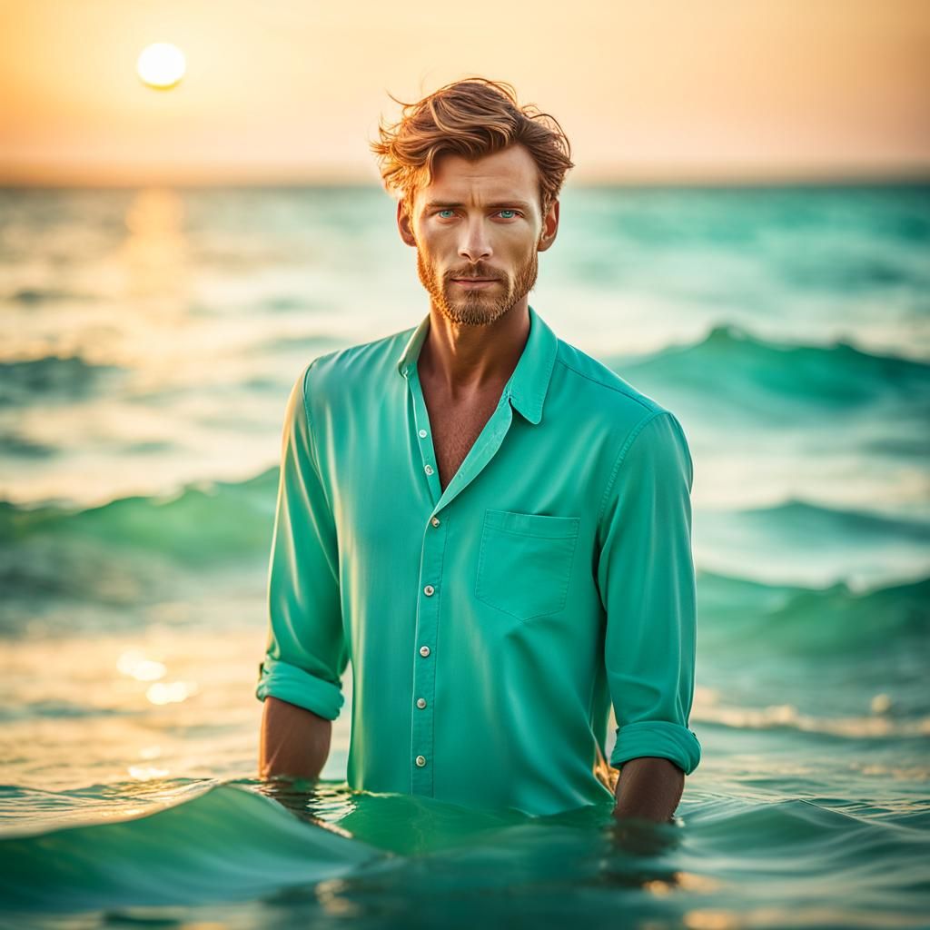 Stylized Male Model in Turquoise Ocean: Professional Photogr...