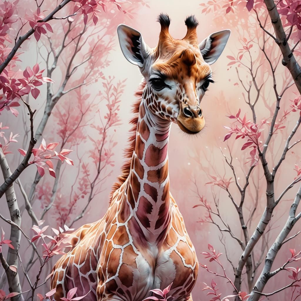 Cute Plush Pink Giraffe Among White Branches