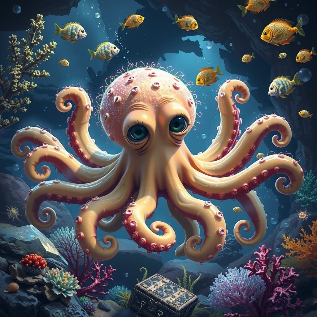 Whimsical Octopus-Spider Hybrid in Dreamlike Underwater Scen...