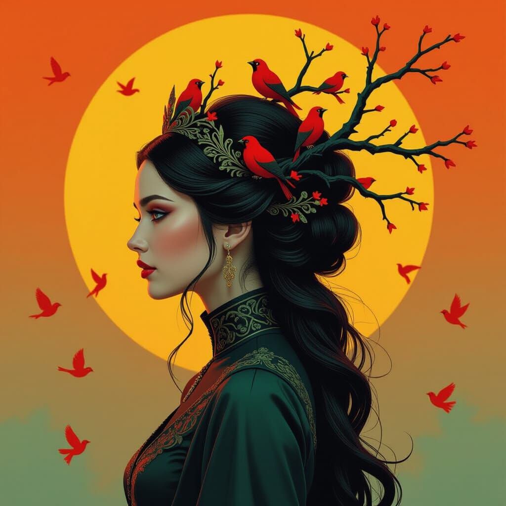 Mystical Woman with Ornate Headdress in Ethereal Style