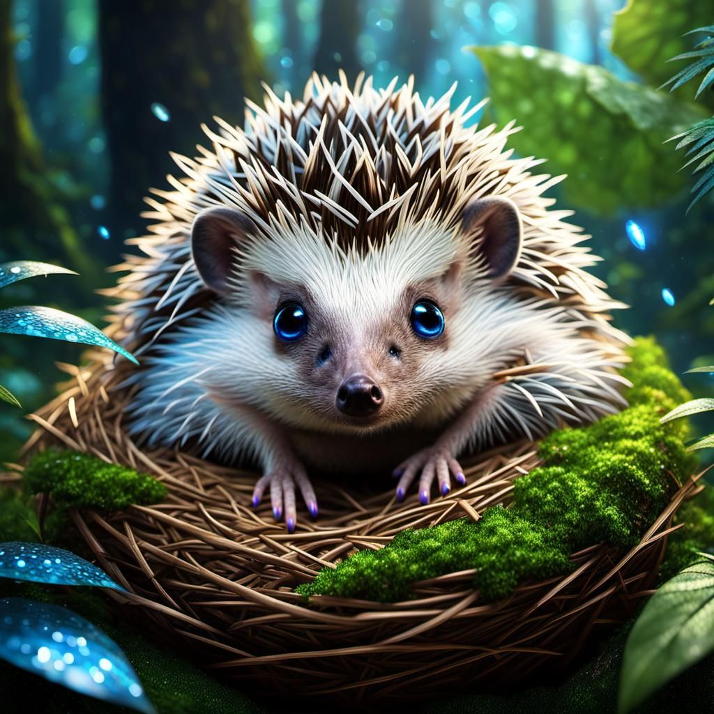 Chibi Hedgehog in Jungle Nest, Eerie Fantasy Art