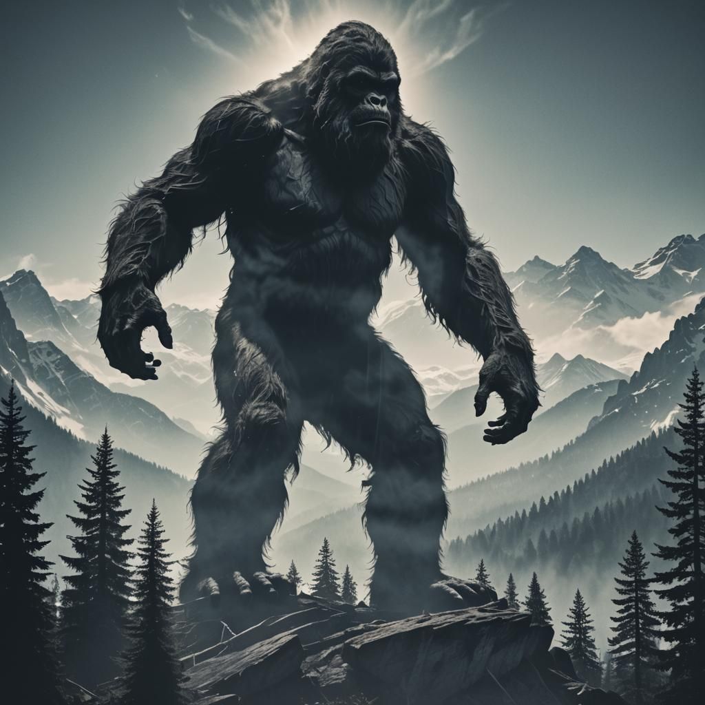 Silhouette Sasquatch in Mountain Fantasy Double Exposure