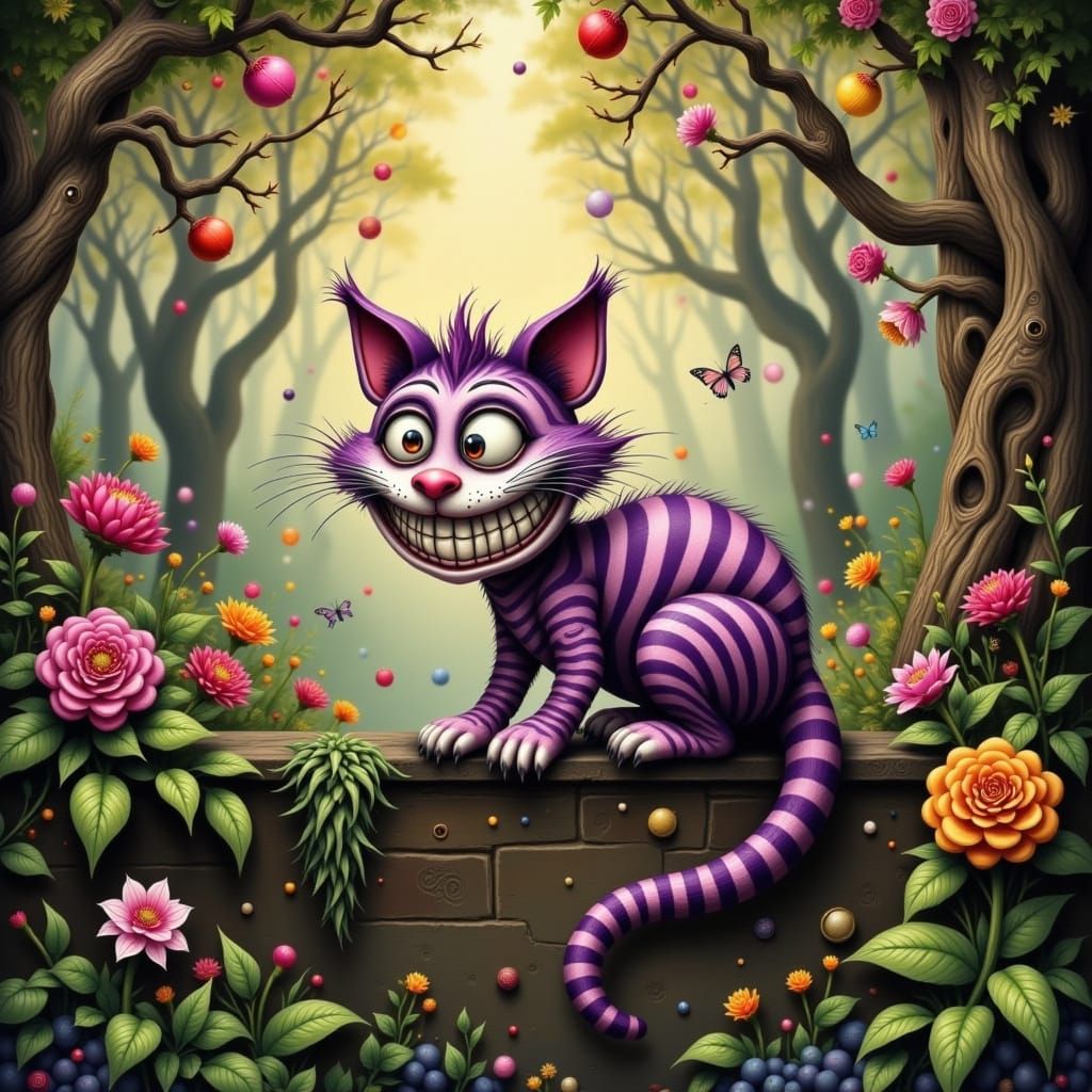 Mischievous Cheshire Cat in English Garden, Storybook Style