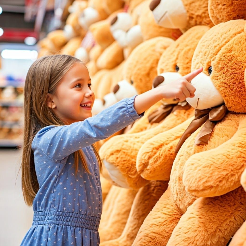 Excited Girl Points to Teddy Bears Display