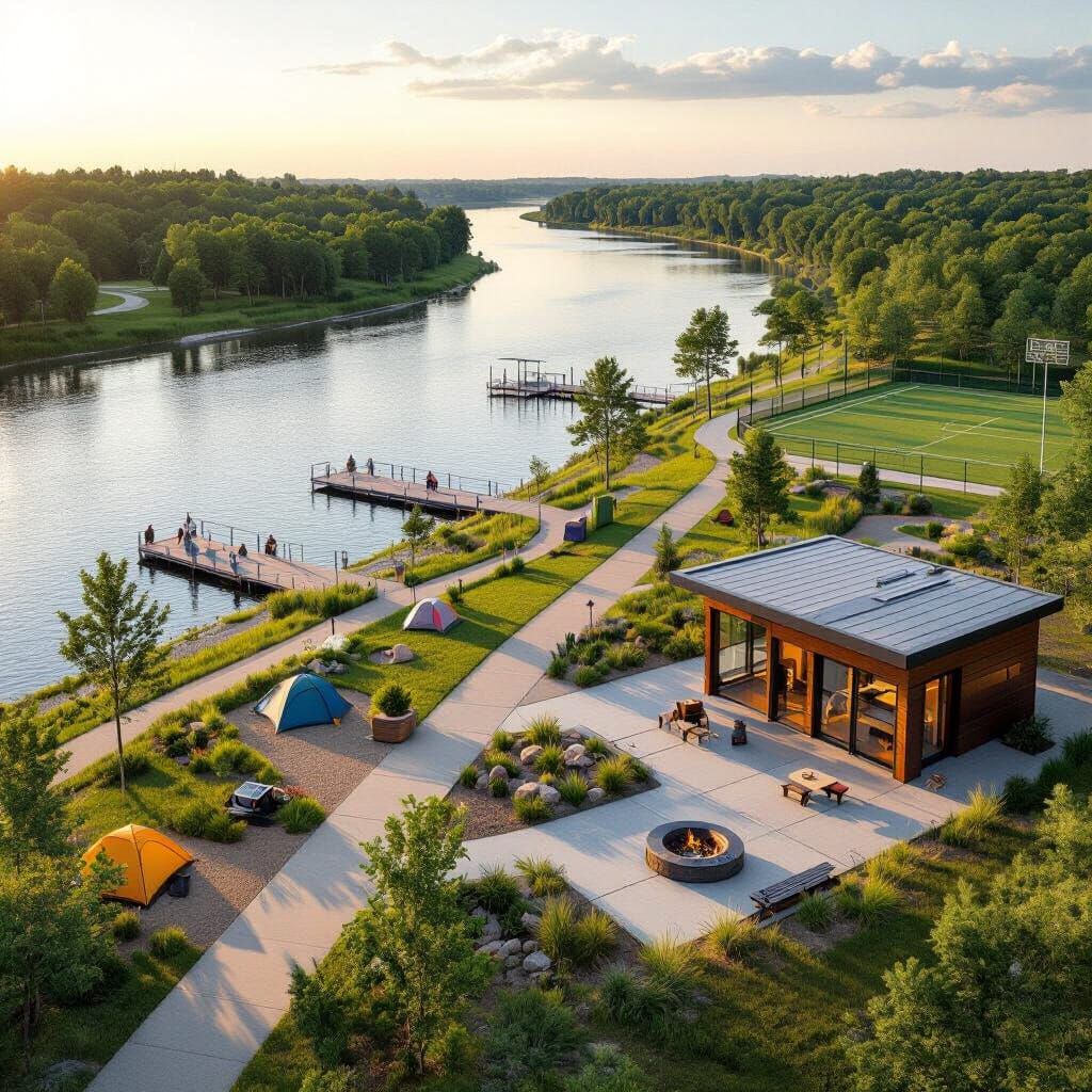Realistic Minnesota River Park Scene with Trails and Facilit...